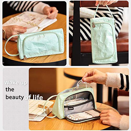 Shager - 1pcs Chicas Chicos Niños Grande Estuches, Plegable Lápiz Cosmética con Cremallera Caja Case Escolar, Lavable Dupont-Papel, 19.5 * 8 * 11CM (Verde)