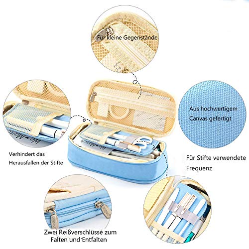 Shager - 1pcs Chicas Chicos Niños Grande Plegable Estuches , Lienzo Lápiz Cosmética con Cremallera Caja Case Escolar 21.5 * 10 * 7 CM (Azul Claro)