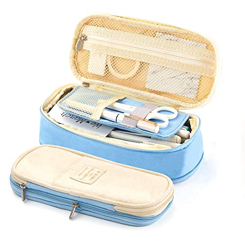 Shager - 1pcs Chicas Chicos Niños Grande Plegable Estuches , Lienzo Lápiz Cosmética con Cremallera Caja Case Escolar 21.5 * 10 * 7 CM (Azul Claro)