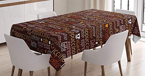 SHALLY Kitchen Tablecloth, Cafe Typography Art Stylized Coffee Culture Words Cappuccino Latte Illustration, Dining Room Kitchen Rectangular Table Cover, 60W X 84L inches, Chestnut Brown 100X100CM