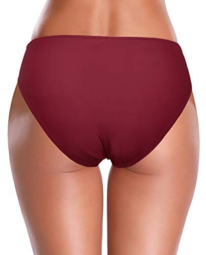 SHEKINI Mujer Bañador Sexy Bañador de Media Altura Cintura Plisada Pantalones de Playa (M, Vino Tinto)