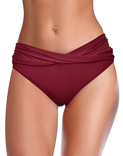 SHEKINI Mujer Bañador Sexy Bañador de Media Altura Cintura Plisada Pantalones de Playa (M, Vino Tinto)