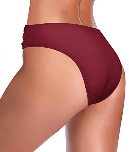 SHEKINI Mujer Bañador Sexy Bañador de Media Altura Cintura Plisada Pantalones de Playa (M, Vino Tinto)