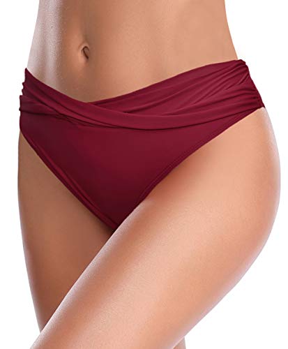 SHEKINI Mujer Bañador Sexy Bañador de Media Altura Cintura Plisada Pantalones de Playa (M, Vino Tinto)