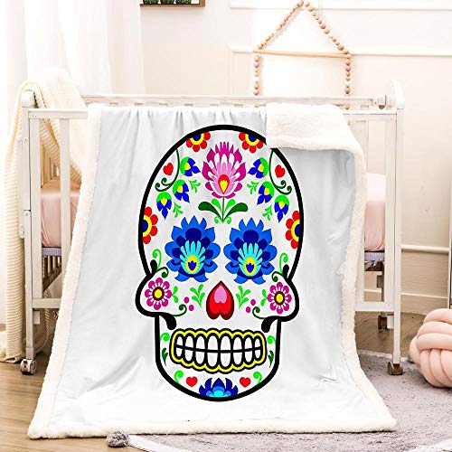 SHHSGZ Manta Reversible de Franela Sherpa 100% Microfibra para sofá y Cama Calavera Flor-M