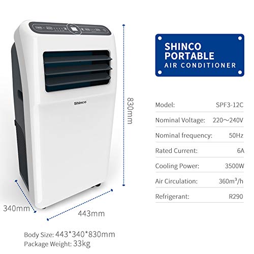 SHINCO 3,5 kW 12000 BTU Aire Acondicionado Portátil, Enfría, Ventila y Deshumidifica, Mando a Distancia, Blanco, [Clase de eficiencia energética A] hasta 60 m²