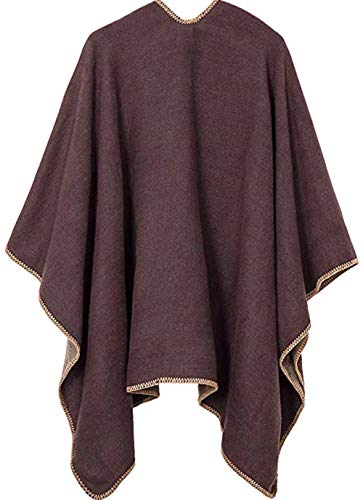Shmily Girl Poncho para Mujer Cardigan de Punto Capa con Bloques de Colores para Mujer Easy Cover Up (One Size, Café)