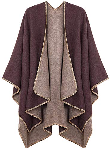 Shmily Girl Poncho para Mujer Cardigan de Punto Capa con Bloques de Colores para Mujer Easy Cover Up (One Size, Café)