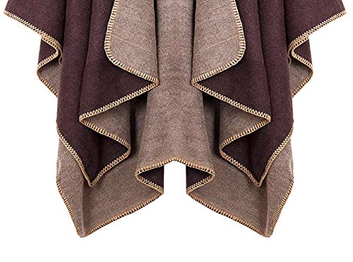 Shmily Girl Poncho para Mujer Cardigan de Punto Capa con Bloques de Colores para Mujer Easy Cover Up (One Size, Café)