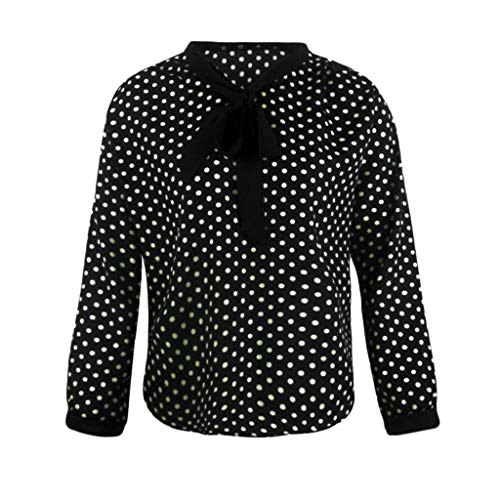 SHOBDW Mujeres Primavera Verano Tallas Grandes de Manga Larga Suelta con Cuello en v Gasa Bowknot Camisa Casual Dots Moda Oficina Señoras Camisa Blusa(Negro,XL)