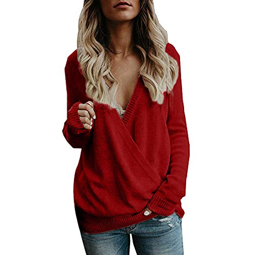 SHOBDW Mujeres Tops de Manga Larga Loose Casual Vendaje Ahueca hacia Fuera Camisa de Manga Corta con Cuello en V Camisa de Manga Corta con Estampado de Camuflaje Tops Diarios(Rojo,L)