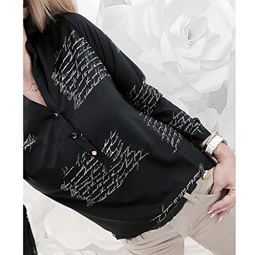 SHOBDW Mujeres V Cuello Blusa Pura Atractiva Grandes Suaves OL Ladies Sueltas Camisas de Bolsillo Tallas Tops Camisa de Manga Larga (XXL, Negro)