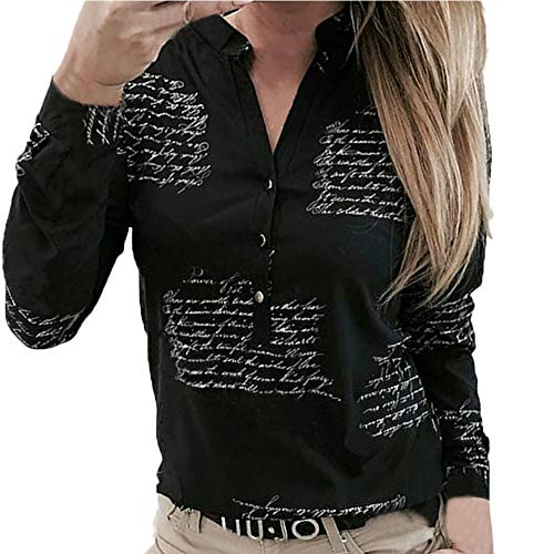 SHOBDW Mujeres V Cuello Blusa Pura Atractiva Grandes Suaves OL Ladies Sueltas Camisas de Bolsillo Tallas Tops Camisa de Manga Larga (XXL, Negro)