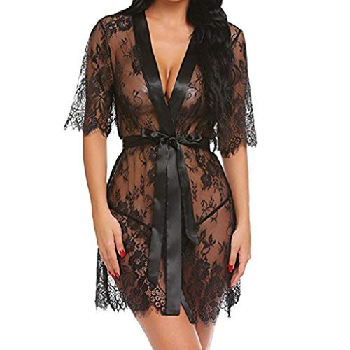 SHOBDW Ropa de Dormir Mujeres Babydolls Conjunto De Lencería Sexy Ropa Interior Negro Kimono Robe Pestañas Sheer Hollow out Ropa De Dormir Blanca para Mujer Chal Albornoz(Negro,S)