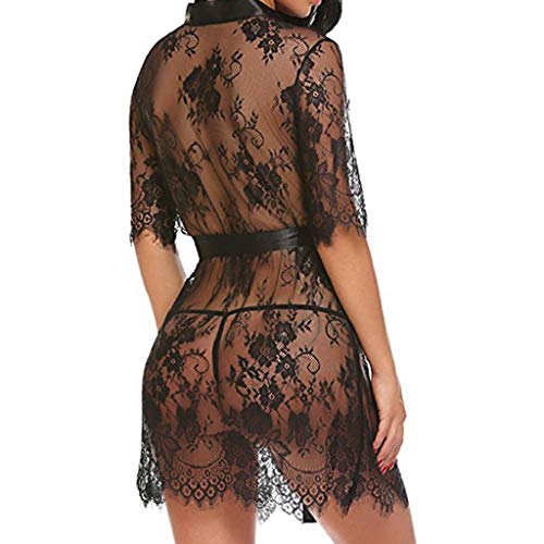 SHOBDW Ropa de Dormir Mujeres Babydolls Conjunto De Lencería Sexy Ropa Interior Negro Kimono Robe Pestañas Sheer Hollow out Ropa De Dormir Blanca para Mujer Chal Albornoz(Negro,S)