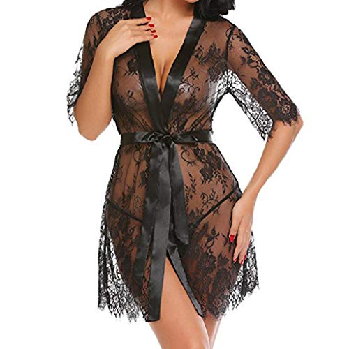 SHOBDW Ropa de Dormir Mujeres Babydolls Conjunto De Lencería Sexy Ropa Interior Negro Kimono Robe Pestañas Sheer Hollow out Ropa De Dormir Blanca para Mujer Chal Albornoz(Negro,S)