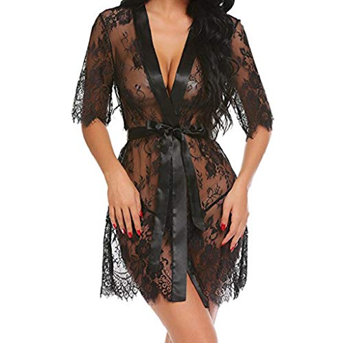 SHOBDW Ropa de Dormir Mujeres Babydolls Conjunto De Lencería Sexy Ropa Interior Negro Kimono Robe Pestañas Sheer Hollow out Ropa De Dormir Blanca para Mujer Chal Albornoz(Negro,S)