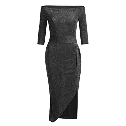 SHOBDW Vestidos Mujer Hombro Sólido Delgado Atractivo de Alta Hendidura Bodycon Lápiz Vintage Tallas Grandes de Manga Larga para Mujer Fiesta de Noche Vestidos de cóctel