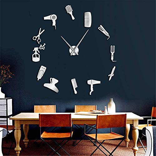 Shumo DIY Barber Shop Reloj de Pared Gigante con Efecto Espejo Juegos de Herramientas de Barbero Reloj Decorativo Sin Marco Reloj Peluquería Barber Wall Art (Plata)