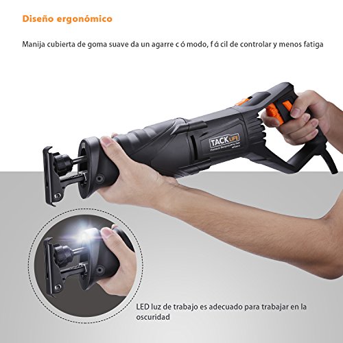 Sierra de Sable 850W, Empuñaduras Giratorias, 0~2800rpm, Tacklife RPRS01A Sierra Con LED, 2 Hojas (Madera 6T HCS, Metal 14T BIM), Profundidad de Corte: Madera 180mm, Metal 10mm, Cambio de Hojas Rápido