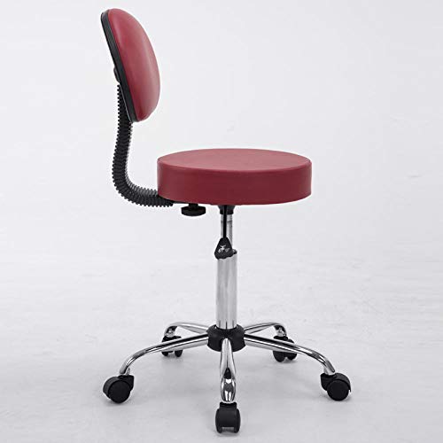 Silla Taburete con Rueditas，Taburete Estetica Ruedas con Rojo PU Cuero Sintético Asiento，Altura Regulable 52-60 cm，160kg de Capacidad de Carga，Taburete Ergonomico con Respaldo para Cocina Bar Salón S
