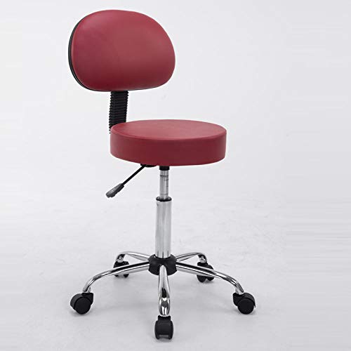Silla Taburete con Rueditas，Taburete Estetica Ruedas con Rojo PU Cuero Sintético Asiento，Altura Regulable 52-60 cm，160kg de Capacidad de Carga，Taburete Ergonomico con Respaldo para Cocina Bar Salón S