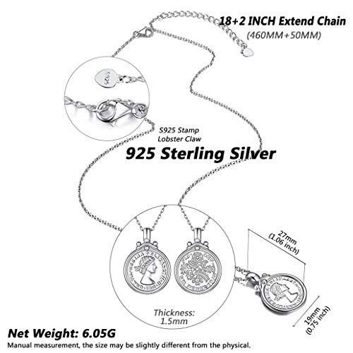 Silvora Collar Plata Mujer Moneda 6 Penique Reina Elizabeth Colgante Collar de Plata de Ley 925, Gratis Caja de Regalo