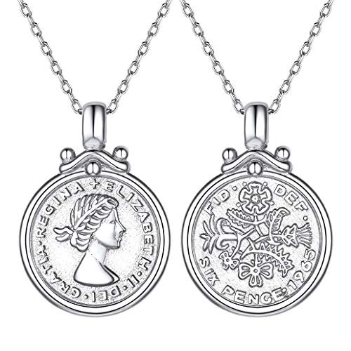 Silvora Collar Plata Mujer Moneda 6 Penique Reina Elizabeth Colgante Collar de Plata de Ley 925, Gratis Caja de Regalo