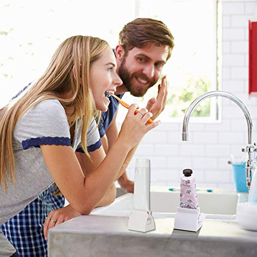 SIMUER 2 Piezas 2 en 1 Soporte Exprimidor Portacepillos de Dientes Pasta Dentífrica para Accesorioel Baño Viaje a casa - Color Blanco