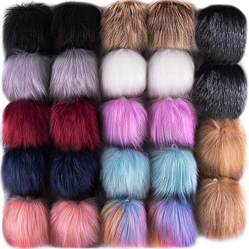 SIQUK 24 Piezas Piel de zorro Faux Pom Pom Bolas Piel de Zorro Faux Mullido Pom Pom con lazo elástico para sombreros Llaveros Bufandas Bolsos Accesorios (12 colores brillantes, 2 piezas por color)