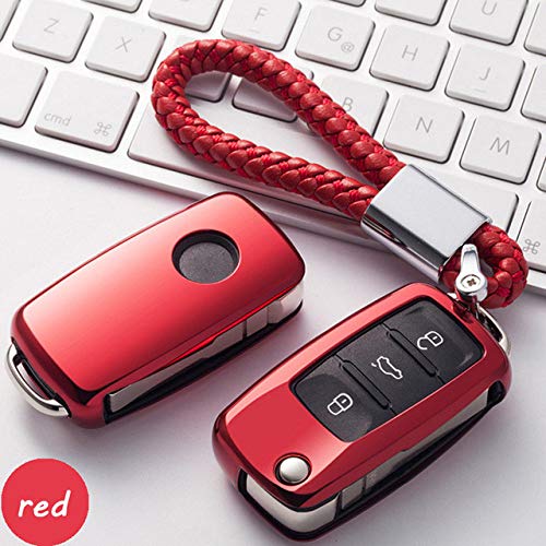 SJIUH Cubierta de la Llave del Coche,  TPU Car Key Case Auto Key Protection Cover For VW New Passat Lavida Tiguan Polo Bora Tears of The Sky Artificial Crystal Pendant,A,Red,Keychain