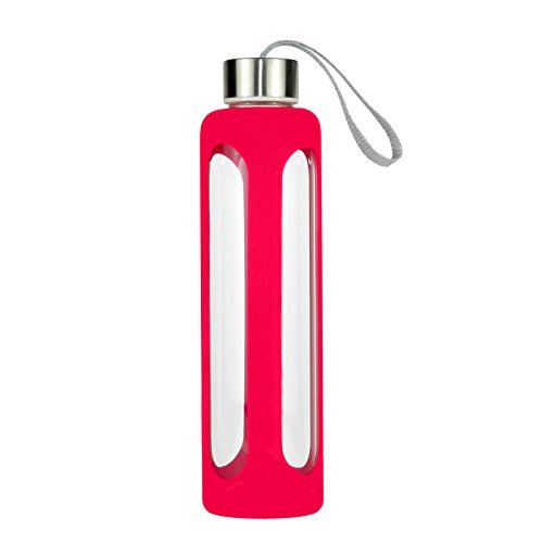 SLOSH Botella Cristal Agua Silicona Deporte Vidrio Viaje Deportiva (Rosa Roja)