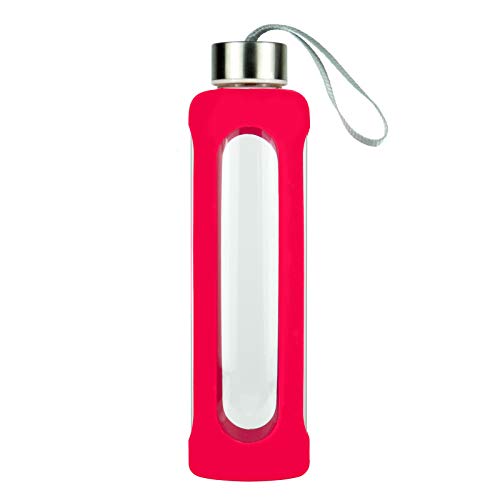 SLOSH Botella Cristal Agua Silicona Deporte Vidrio Viaje Deportiva (Rosa Roja)