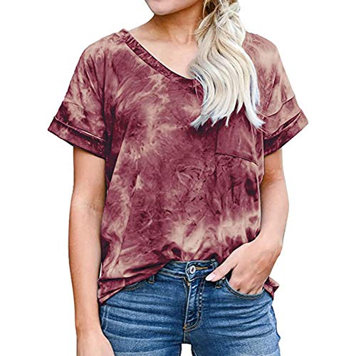 SLYZ 2020 Primavera Y Verano Mujer Camiseta con Bolsillo con Cuello En V Camiseta Casual De Moda Rizada De Manga Corta Camiseta Todo Fósforo para Mujer