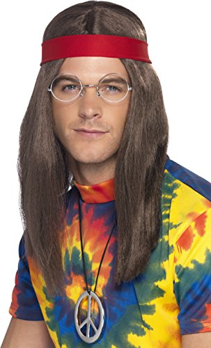Smiffys-21337 Hippies Kit de Hombre Hippy, Peluca, Gafas, medallón con el símbolo de la Paz y, Color marrón, Tamaño único (Smiffy'S 21337)
