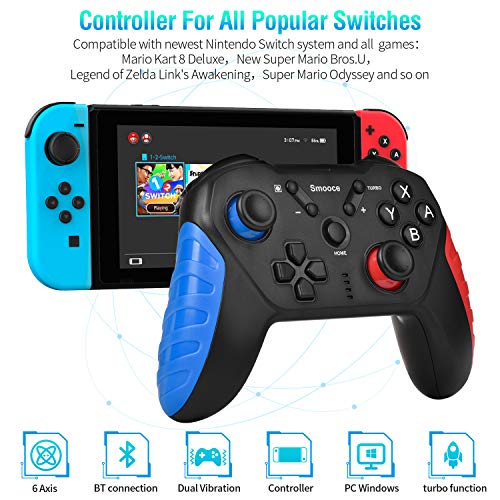 Smooce Mando para Nintendo Switch,mando pro switch inalámbrico ,somatosensorial de 6 ejes, turbo función ajustable, motor de doble vibración, joystick multifunción para juegos de Nintendo Switch