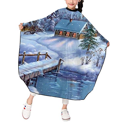 Snowing Town Bridge River - Delantal de corte de pelo para niños, capa de corte de pelo teñida para peluquería, hogar, barbería o peluquería, impermeable, ajustable, 100 x 47 pulgadas