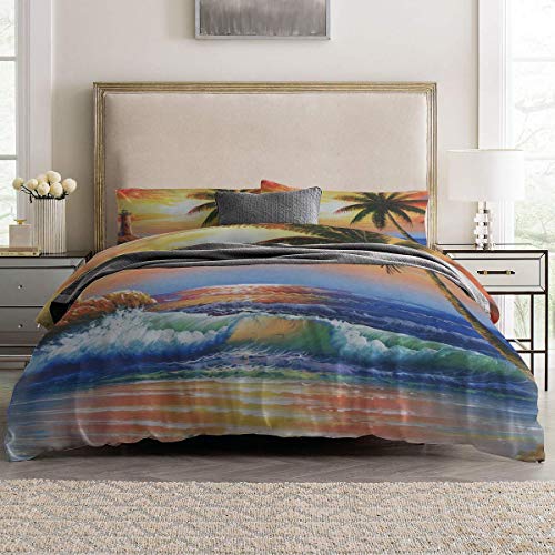 Soefipok 4 unids Duvet Cover Set Hermoso Mar Paisaje Atalaya Cocotero Ligero Fácil Cuidado Juego de Ropa de Cama para Hombres, Mujeres, niños y niñas