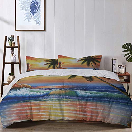 Soefipok 4 unids Duvet Cover Set Hermoso Mar Paisaje Atalaya Cocotero Ligero Fácil Cuidado Juego de Ropa de Cama para Hombres, Mujeres, niños y niñas