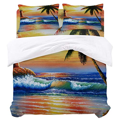 Soefipok 4 unids Duvet Cover Set Hermoso Mar Paisaje Atalaya Cocotero Ligero Fácil Cuidado Juego de Ropa de Cama para Hombres, Mujeres, niños y niñas