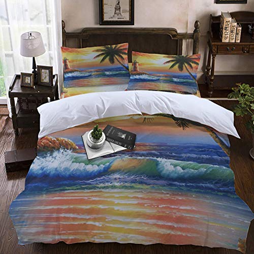 Soefipok 4 unids Duvet Cover Set Hermoso Mar Paisaje Atalaya Cocotero Ligero Fácil Cuidado Juego de Ropa de Cama para Hombres, Mujeres, niños y niñas