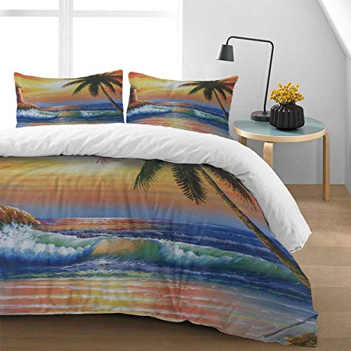 Soefipok 4 unids Duvet Cover Set Hermoso Mar Paisaje Atalaya Cocotero Ligero Fácil Cuidado Juego de Ropa de Cama para Hombres, Mujeres, niños y niñas