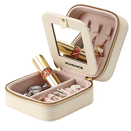 SOINGMICS Caja Joyero Pequeña, Uso de Viaje, Doble Cremallera, con Espejo, para Anillos, Aretes, Pendientes, Pulseras, Collares, Beige JBC146BE