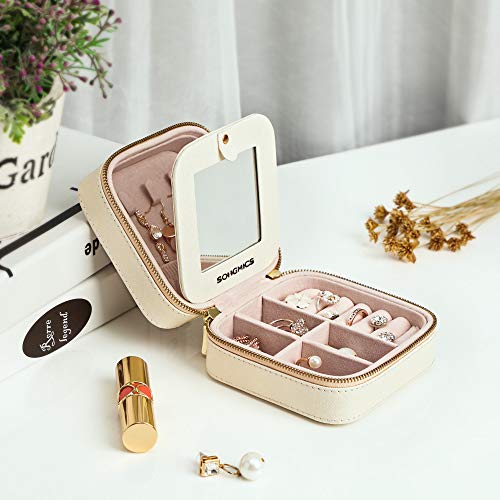 SOINGMICS Caja Joyero Pequeña, Uso de Viaje, Doble Cremallera, con Espejo, para Anillos, Aretes, Pendientes, Pulseras, Collares, Beige JBC146BE
