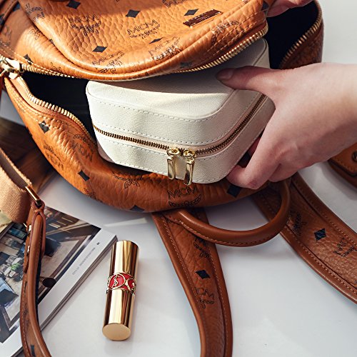 SOINGMICS Caja Joyero Pequeña, Uso de Viaje, Doble Cremallera, con Espejo, para Anillos, Aretes, Pendientes, Pulseras, Collares, Beige JBC146BE