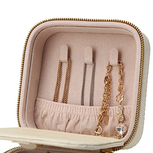 SOINGMICS Caja Joyero Pequeña, Uso de Viaje, Doble Cremallera, con Espejo, para Anillos, Aretes, Pendientes, Pulseras, Collares, Beige JBC146BE