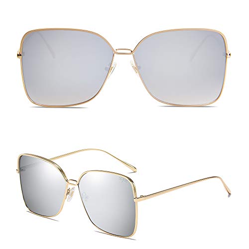 SOJOS Gafas De Sol Para Mujer Moda Cuadrado Oversized Lente Plano Marco Metal SJ1082 Con Marco Dorado/Lente Espejo Plateado