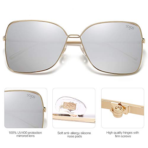 SOJOS Gafas De Sol Para Mujer Moda Cuadrado Oversized Lente Plano Marco Metal SJ1082 Con Marco Dorado/Lente Espejo Plateado