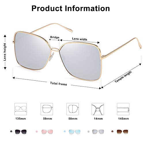 SOJOS Gafas De Sol Para Mujer Moda Cuadrado Oversized Lente Plano Marco Metal SJ1082 Con Marco Dorado/Lente Espejo Plateado