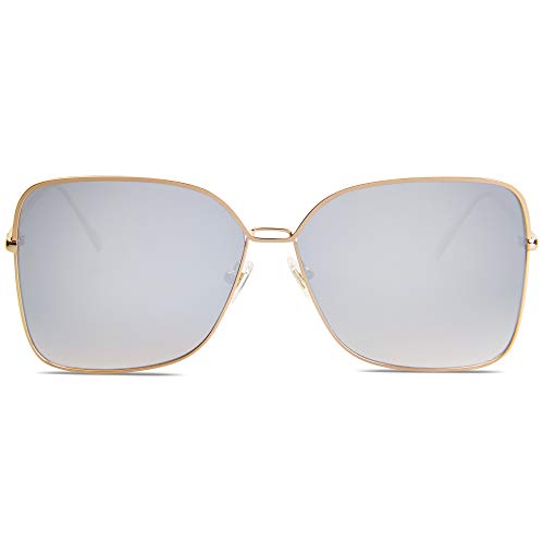 SOJOS Gafas De Sol Para Mujer Moda Cuadrado Oversized Lente Plano Marco Metal SJ1082 Con Marco Dorado/Lente Espejo Plateado